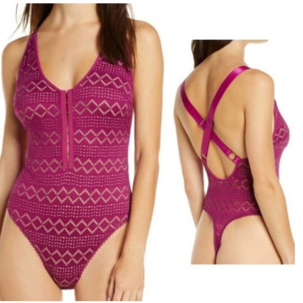 Intimately Free People Thank You Never  Geo-Patterned Thong Bodysuit Raspberry,M